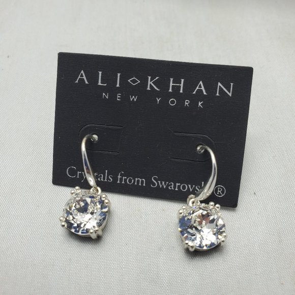 Ali Khan Swarovski Crystal round drop silver fish hook earring - Picture 2 of 3